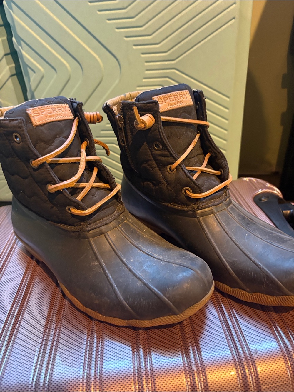 Sperry womens Black Duck Boots with Tan Laces